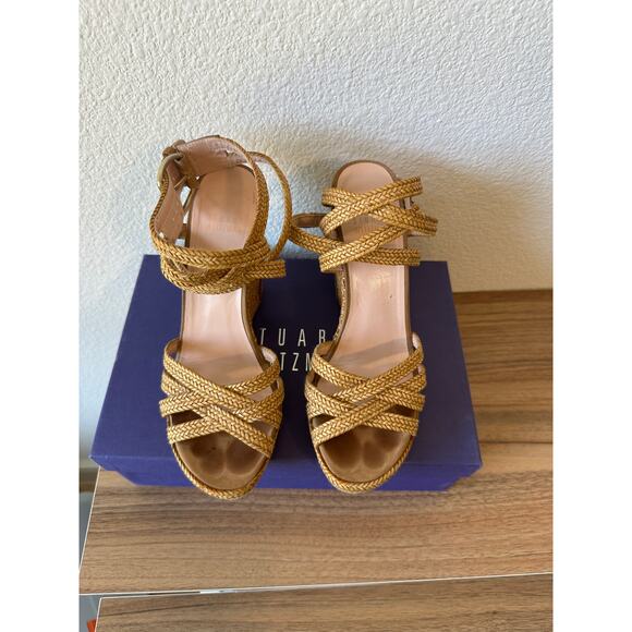 Stuart Weitzman Raffia Wedge Sandals Tan Strappy Ankle Strap 7.5 - Picture 2 of 3